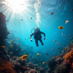 A scuba diver exploring the deep ocean, surrounded by a variety of colorful fish and vibrant marine life