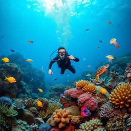 A scuba diver exploring the deep ocean, surrounded by a variety of colorful fish and vibrant marine life