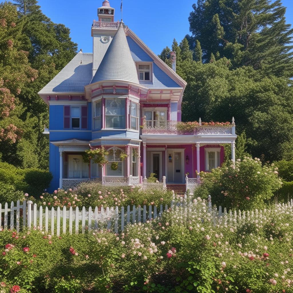 A large painted Victorian-era mansion with a beautiful garden full of roses and a white picket fence surrounding it.