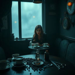 A dark and eerie cafe interior, dimly lit with soft, flickering lights
