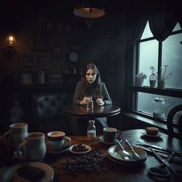 A dark and eerie cafe interior, dimly lit with soft, flickering lights