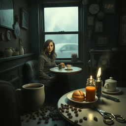 A dark and eerie cafe interior, dimly lit with soft, flickering lights