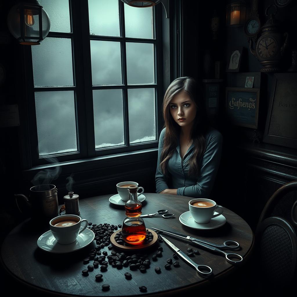 A dark and eerie cafe interior, dimly lit with soft, flickering lights