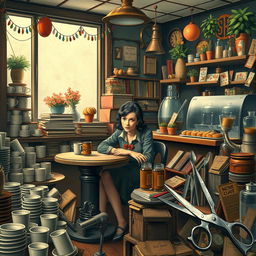 A bustling and chaotic cafe scene filled with detail, rich in atmosphere