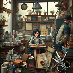 A bustling and chaotic cafe scene filled with detail, rich in atmosphere