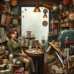A bustling and chaotic cafe scene filled with detail, rich in atmosphere