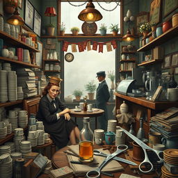 A bustling and chaotic cafe scene filled with detail, rich in atmosphere