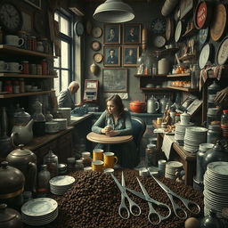 A chaotic and unsettling cafe interior, filled to the brim with a myriad of cafe-related items, creating a crowded and immersive scene