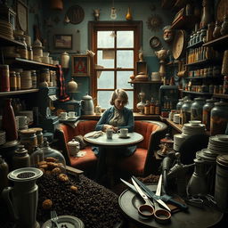 A chaotic and unsettling cafe interior, filled to the brim with a myriad of cafe-related items, creating a crowded and immersive scene