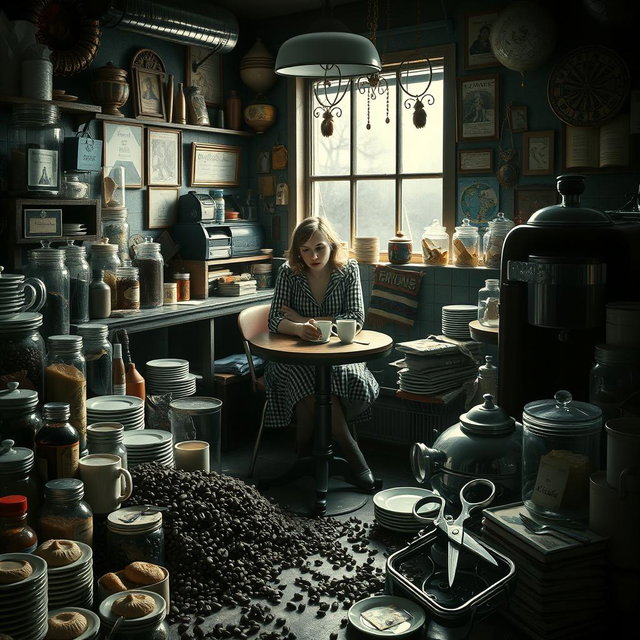 A chaotic and unsettling cafe interior, filled to the brim with a myriad of cafe-related items, creating a crowded and immersive scene