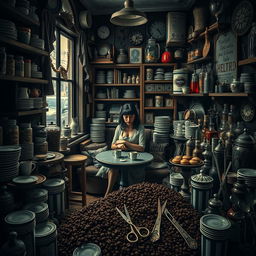 A chaotic and unsettling cafe interior, filled to the brim with a myriad of cafe-related items, creating a crowded and immersive scene