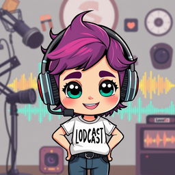 A cute cartoon character resembling the user, wearing stylish headphones with a microphone attached, portraying a trendy podcast YouTuber