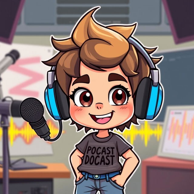 A cute cartoon character resembling the user, wearing stylish headphones with a microphone attached, portraying a trendy podcast YouTuber