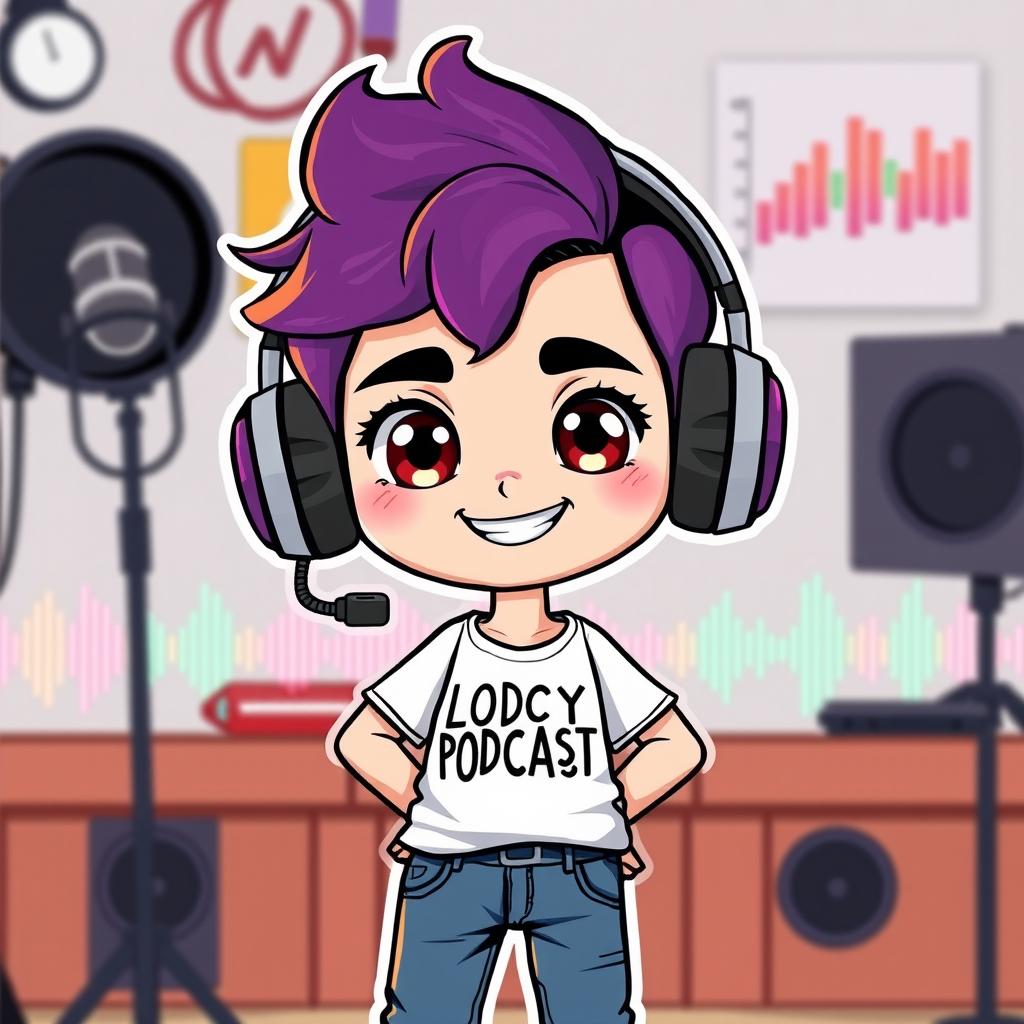 A cute cartoon character resembling the user, wearing stylish headphones with a microphone attached, portraying a trendy podcast YouTuber