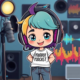 A cute cartoon character resembling the user, wearing stylish headphones with a microphone attached, portraying a trendy podcast YouTuber