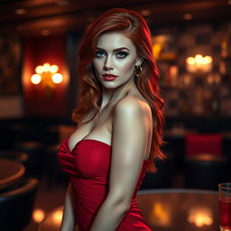 A stunningly attractive red-haired woman with a sultry expression, wearing a form-fitting, elegant red dress that accentuates her curves