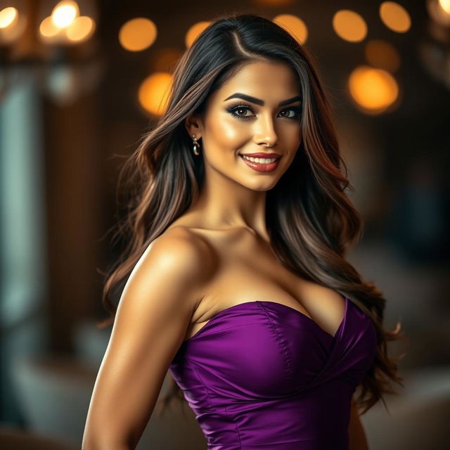 A stunningly sexy woman wearing a beautiful purple dress that hugs her curves, standing in a pose that exudes confidence and allure