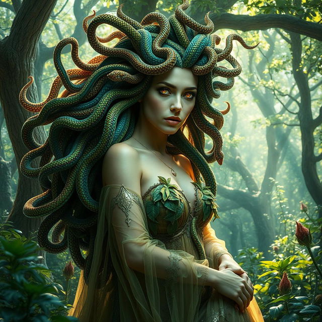 A mesmerizing female Medusa set in an enchanting forest