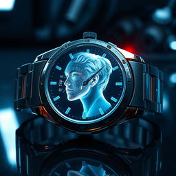 A futuristic wristwatch that features a 3D hologram of a person projected from its face
