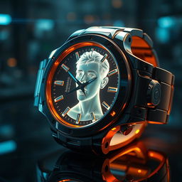 A futuristic wristwatch that features a 3D hologram of a person projected from its face