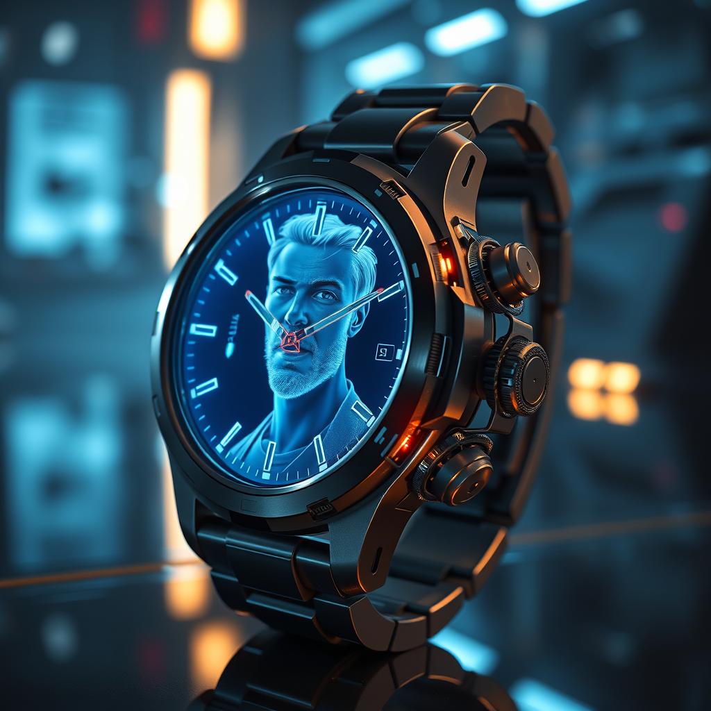 A futuristic wristwatch that features a 3D hologram of a person projected from its face