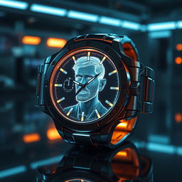 A futuristic wristwatch that features a 3D hologram of a person projected from its face