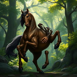 A majestic male centaur, featuring a muscular human upper body with a heroic expression, strong jawline, and flowing hair