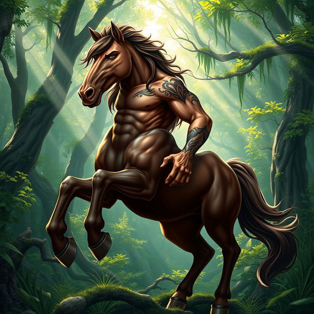 A majestic male centaur, featuring a muscular human upper body with a heroic expression, strong jawline, and flowing hair