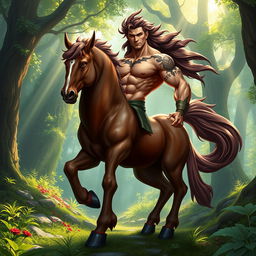A majestic male centaur, featuring a muscular human upper body with a heroic expression, strong jawline, and flowing hair