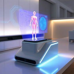 A futuristic device, such as a sleek tabletop projector or holographic display, showcasing a fully formed hologram of a person