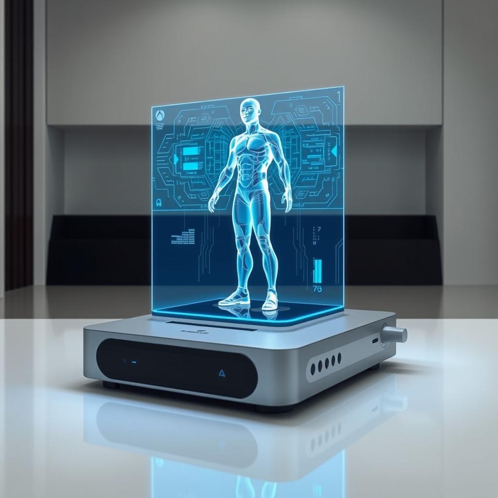 A futuristic device, such as a sleek tabletop projector or holographic display, showcasing a fully formed hologram of a person
