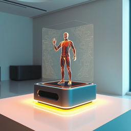 A futuristic device, such as a sleek tabletop projector or holographic display, showcasing a fully formed hologram of a person