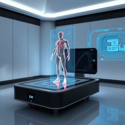 A futuristic device, such as a sleek tabletop projector or holographic display, showcasing a fully formed hologram of a person