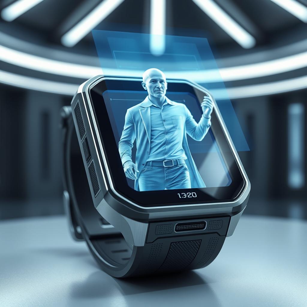 A futuristic smartwatch featuring an astonishing hologram of a person projected from its surface