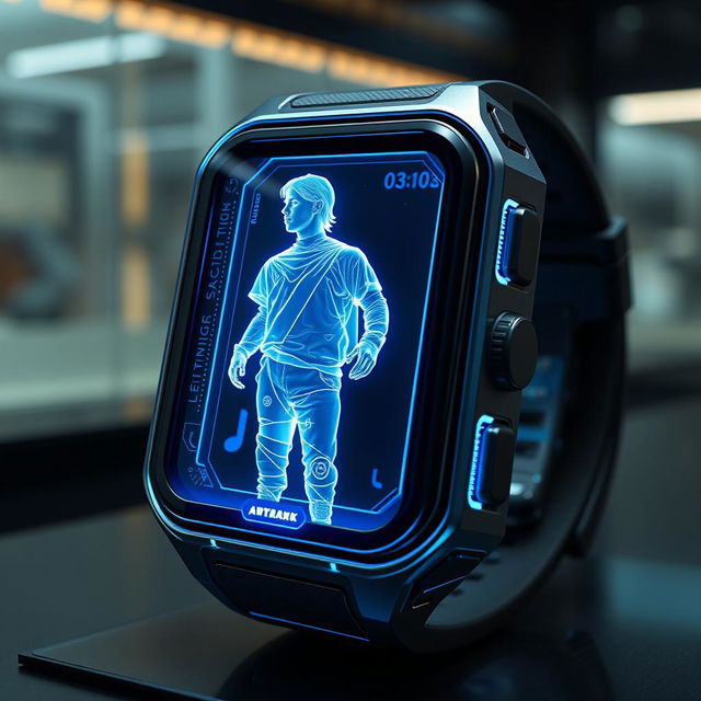 A futuristic smartwatch featuring an astonishing hologram of a person projected from its surface