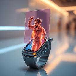A futuristic, sleek wristwatch featuring a stunning hologram of a person projected above the watch face