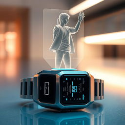A futuristic, sleek wristwatch featuring a stunning hologram of a person projected above the watch face