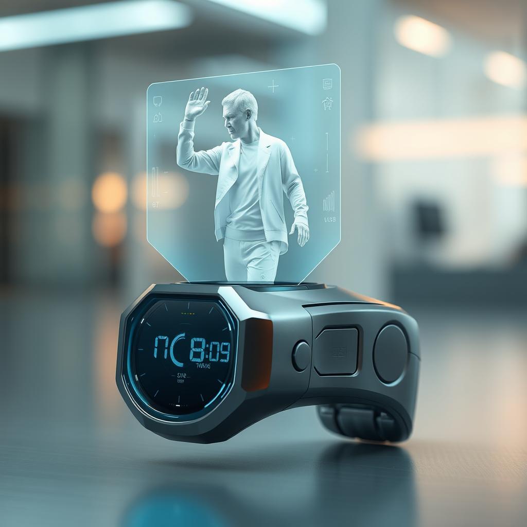 A futuristic, sleek wristwatch featuring a stunning hologram of a person projected above the watch face
