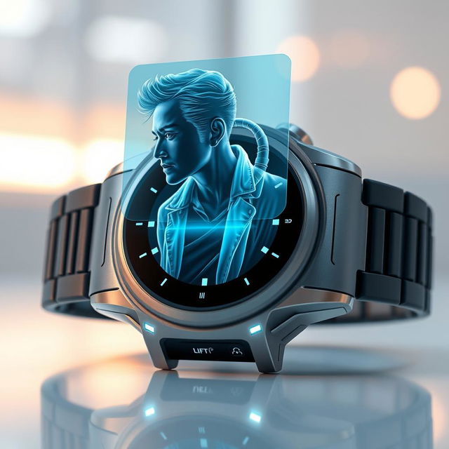 A futuristic, sleek wristwatch featuring a stunning hologram of a person projected above the watch face