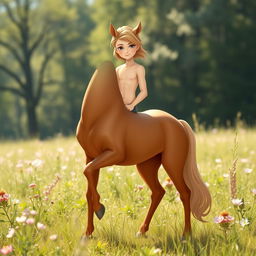 A gentle male centaur with the body of a sleek horse and the upper torso of a human that is lean rather than muscular