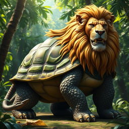A magnificent creature that is a combination of a turtle and a lion, featuring the sturdy, textured shell of a turtle and the majestic mane of a lion