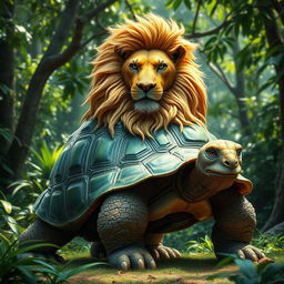 A magnificent creature that is a combination of a turtle and a lion, featuring the sturdy, textured shell of a turtle and the majestic mane of a lion