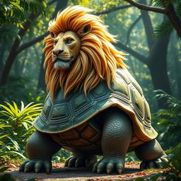A magnificent creature that is a combination of a turtle and a lion, featuring the sturdy, textured shell of a turtle and the majestic mane of a lion