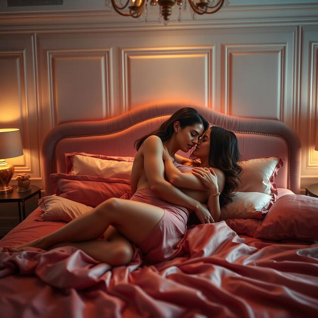 An intimate and romantic scene between two adults in a luxurious bedroom setting, with soft ambient lighting and plush furnishings