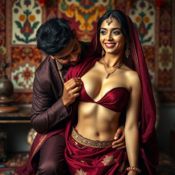 An Indian black male elegantly dressed in a flowing maroon saree, sitting gracefully on the back of a stunning 22-year-old Arab woman