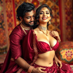 An Indian black male elegantly dressed in a flowing maroon saree, sitting gracefully on the back of a stunning 22-year-old Arab woman