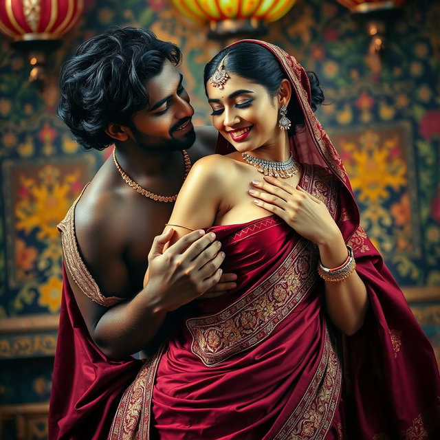 An Indian black male elegantly dressed in a flowing maroon saree, sitting gracefully on the back of a stunning 22-year-old Arab woman