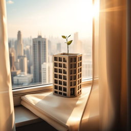 A realistic building-shaped flower pot sitting on a sunlit window, showcasing a small sprout emerging from the top