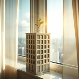 A realistic building-shaped flower pot sitting on a sunlit window, showcasing a small sprout emerging from the top