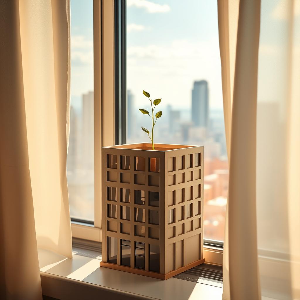A realistic building-shaped flower pot sitting on a sunlit window, showcasing a small sprout emerging from the top